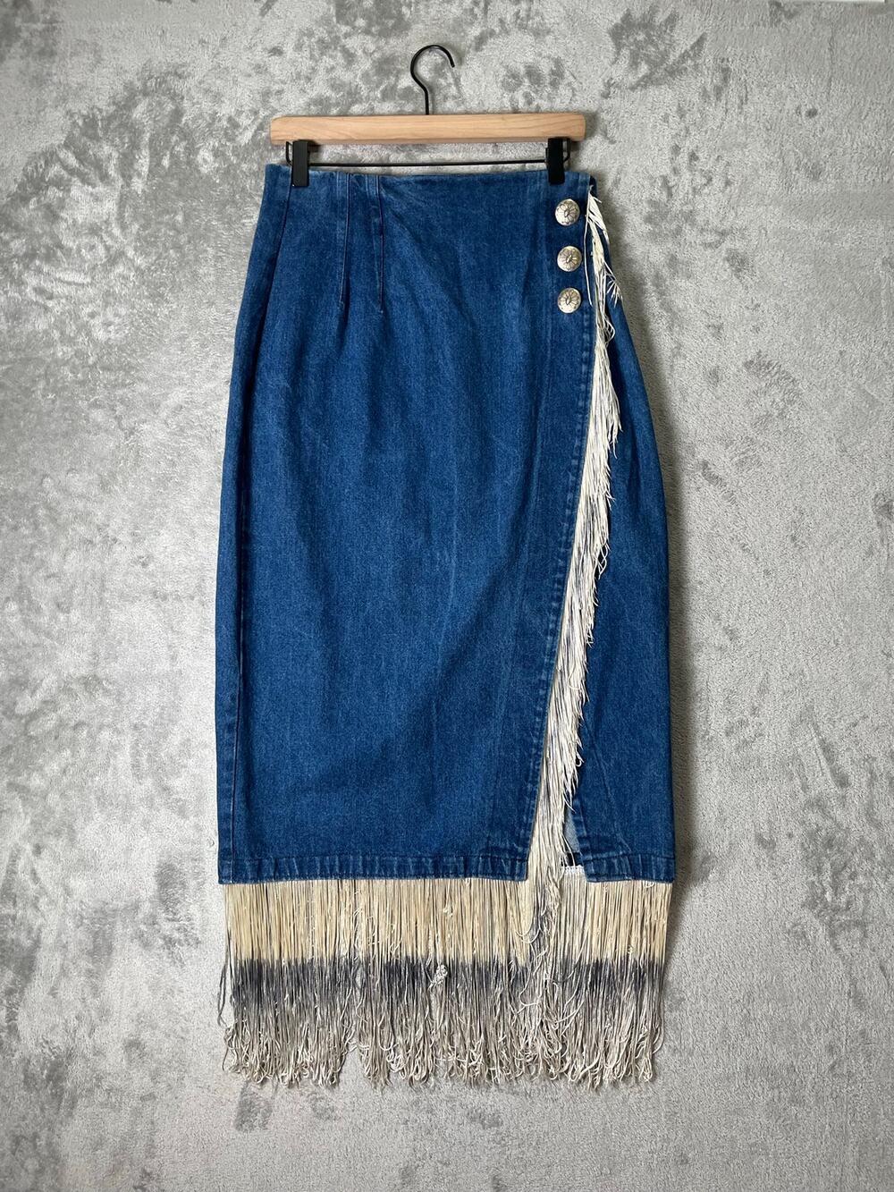 Vintage Fringe Denim Skirt Western Boho Cowgirl Asymmetrical Hem Button Detail S